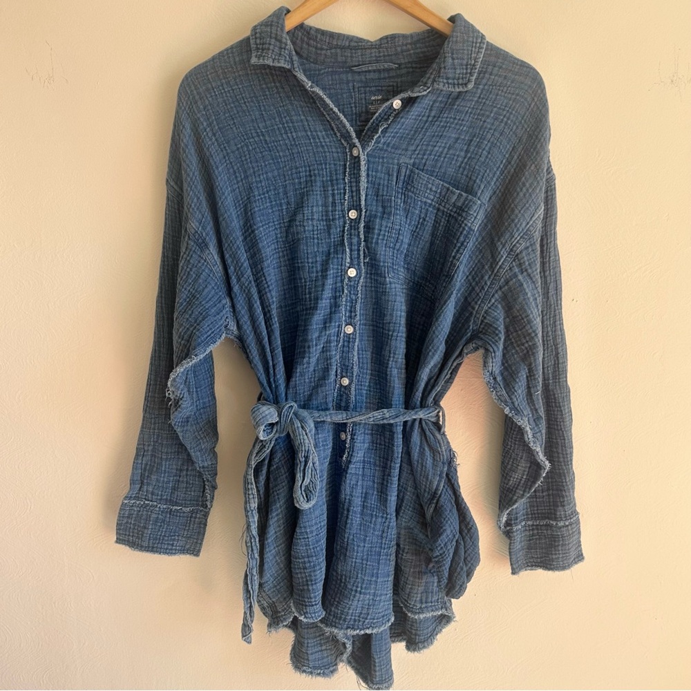 Aerie Soft Washed Cotton Distressed Hem Belted Romper | Boho Coastal Size S